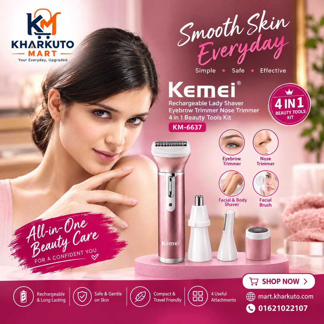 Kemei KM-6637 4-in-1 Rechargeable Beauty Kit | Eyebrow & Nose Trimmer, Facial & Body Shaver with Facial Brush