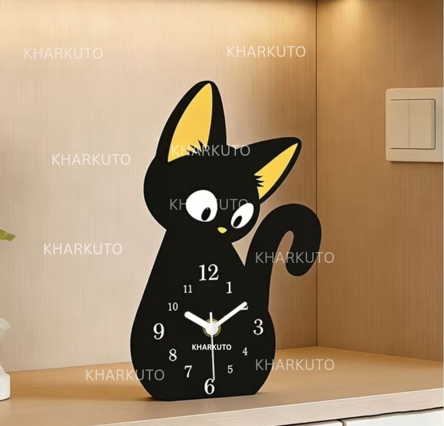 Cute Cat Shape Wooden Table Clock