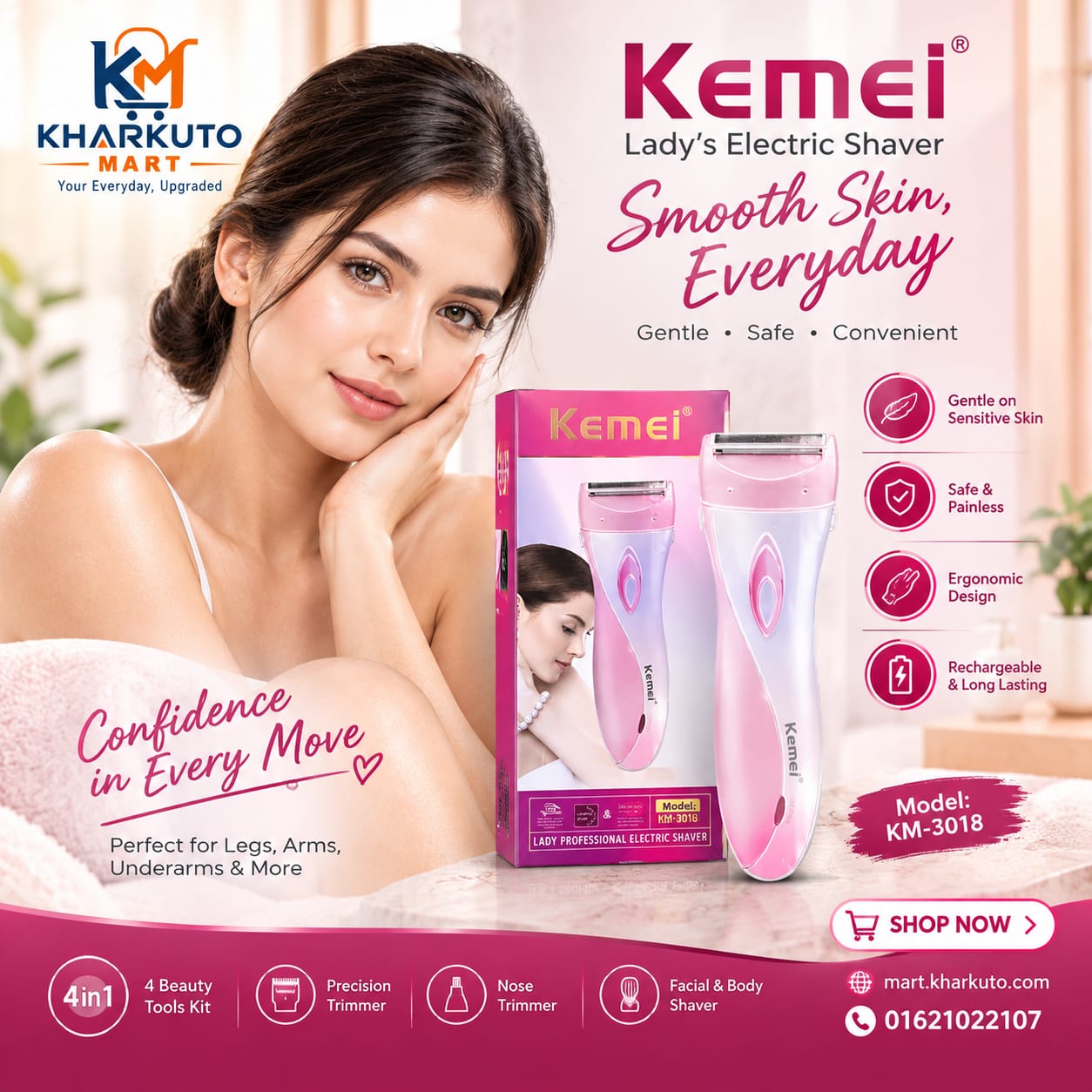 Kemei KM-3018 Lady’s Electric Shaver 4-in-1 | Rechargeable Facial & Body Shaver, Precision & Nose Trimmer