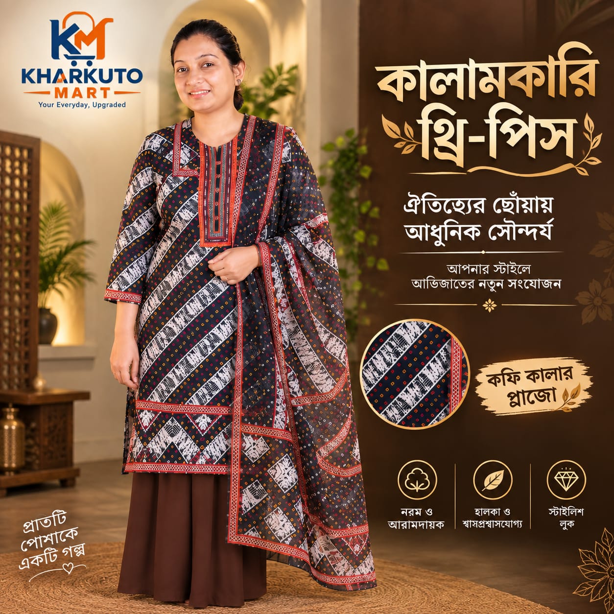 কালামকারী সুতি থ্রী পিস